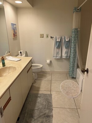 Hair dryer, towels, soap, toilet paper