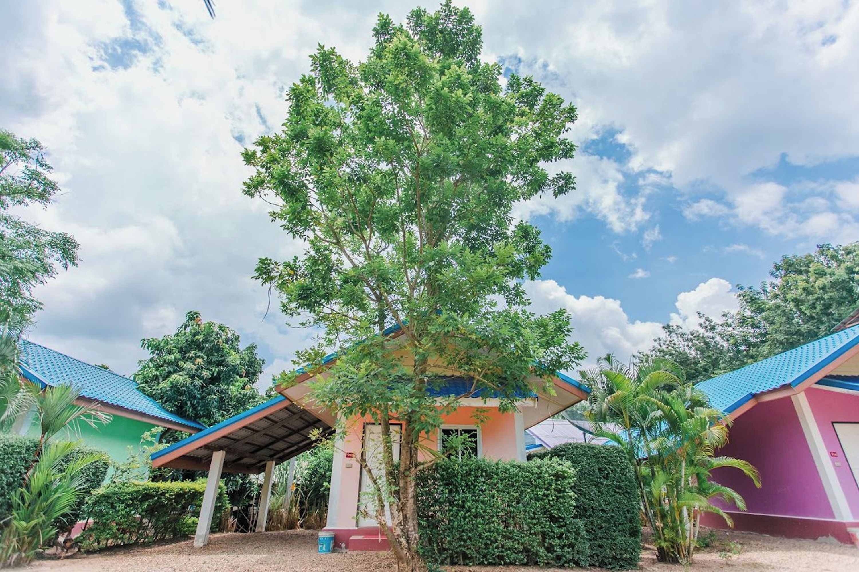 A building with a blue roof, surrounded by greenery and a clear sky.