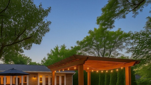 A covered patio area with outdoor furniture and string lights. - Spacious Home Near Lake Michigan with Peaceful Backyard (Lake Forest)