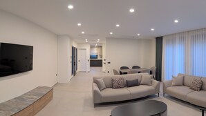 En moderne stue med to sofaer, et fladskærms-tv og et spiseområde i baggrunden.