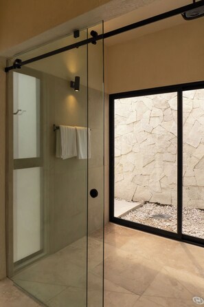 Shower, towels, soap, toilet paper