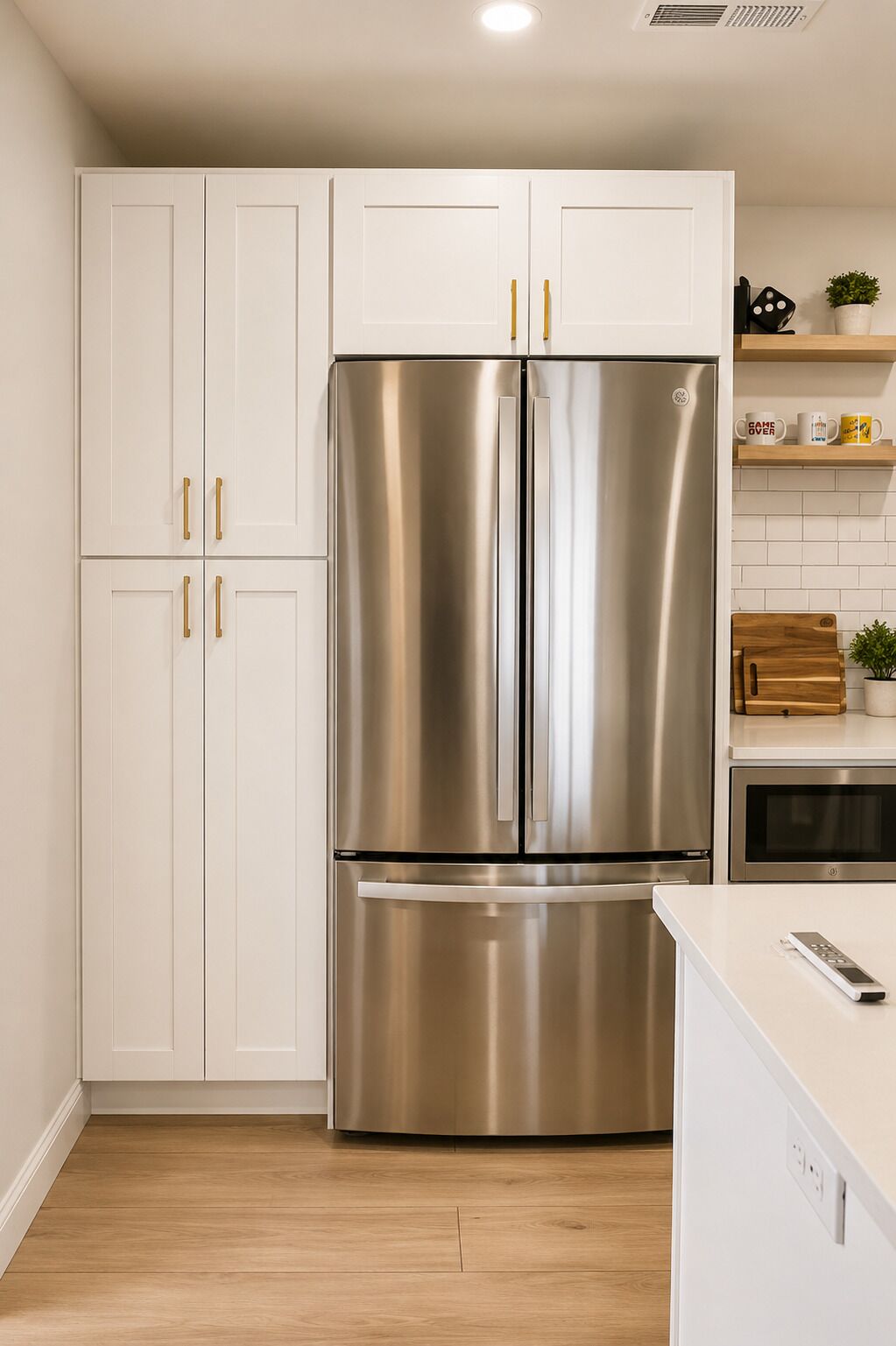 A stainless steel refrigerator in a kitchen with white cabinets and a wooden floor.