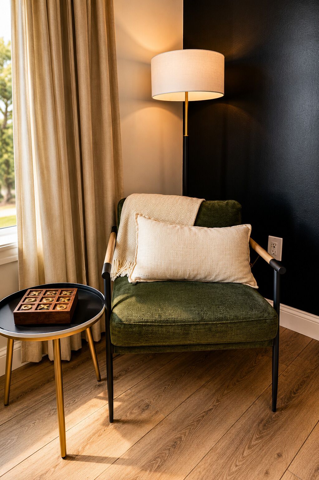 A room with a green armchair, a side table with a board game, a lamp, and a window with curtains.