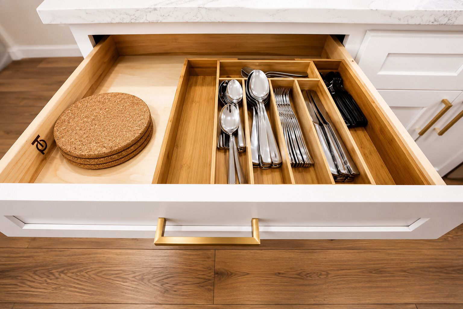 Un cajón de cocina con utensilios, un posavasos de corcho y una bandeja de madera.