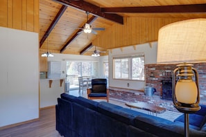 TV, fireplace, books