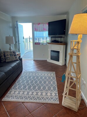 TV, fireplace, books