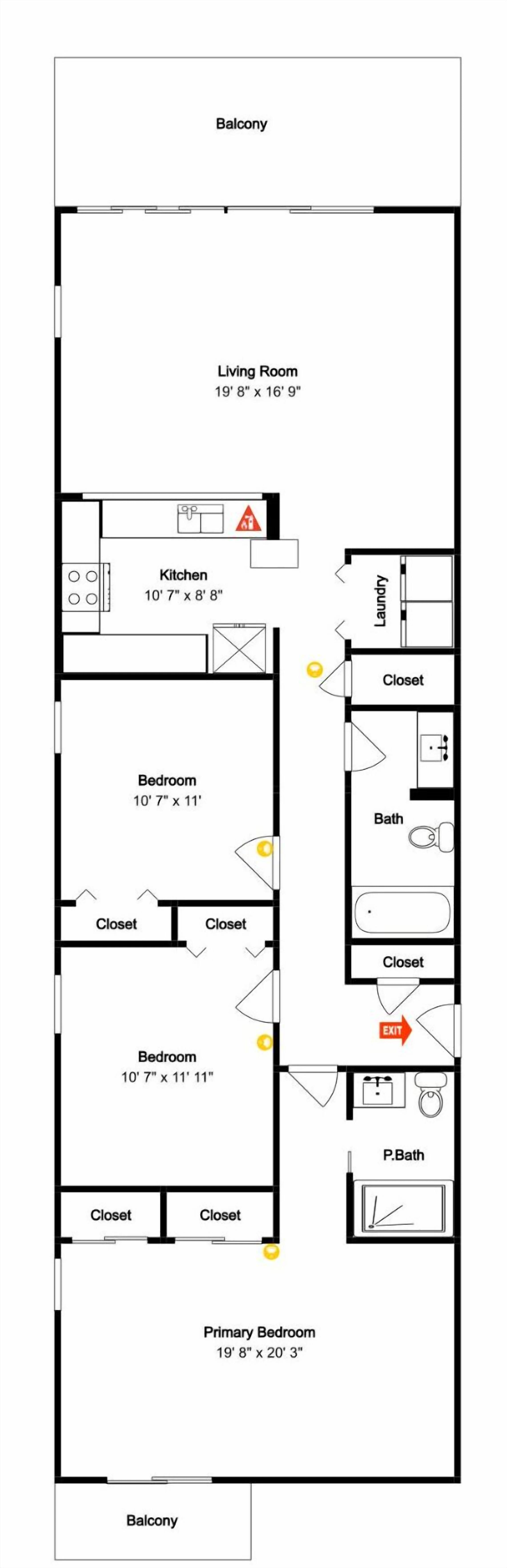 A floor plan of a house with a living room, kitchen, two bedrooms, two bathrooms, a balcony, and a closet.