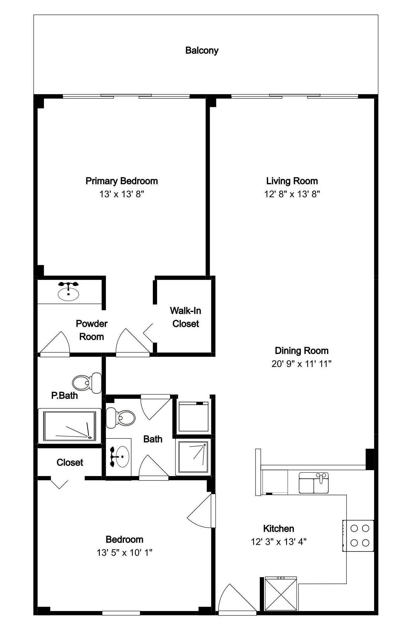 A floor plan of a house with a balcony, primary bedroom, living room, powder room, walk-in closet, dining room, P.Bath, bath, closet, bedroom, and kitchen.