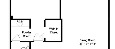 A floor plan of a house with a balcony, primary bedroom, living room, powder room, walk-in closet, dining room, P.Bath, bath, closet, bedroom, and kitchen.