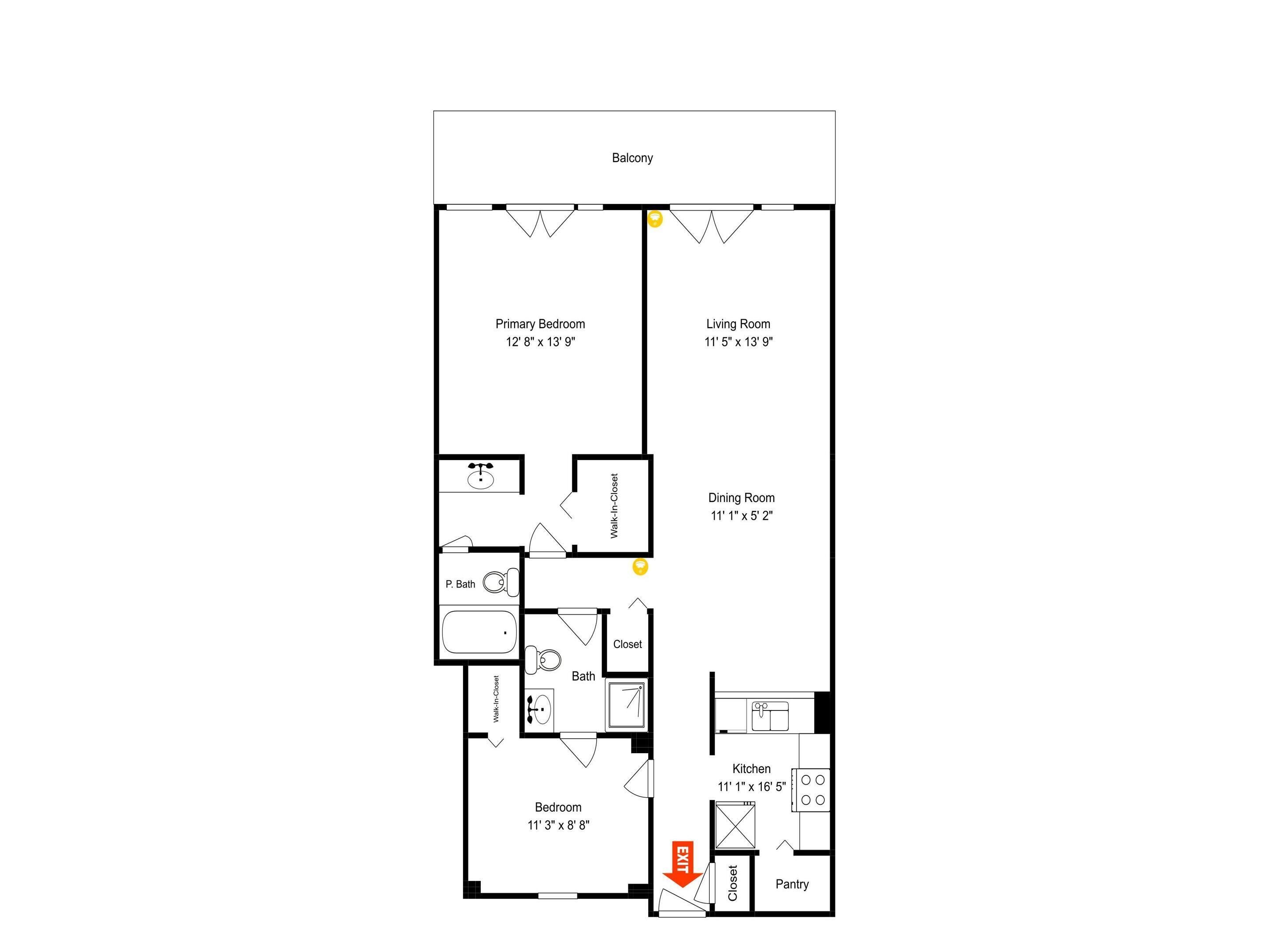 Plano de planta de una casa con balcón, habitación principal, sala de estar, comedor, cocina, baño y despensa.