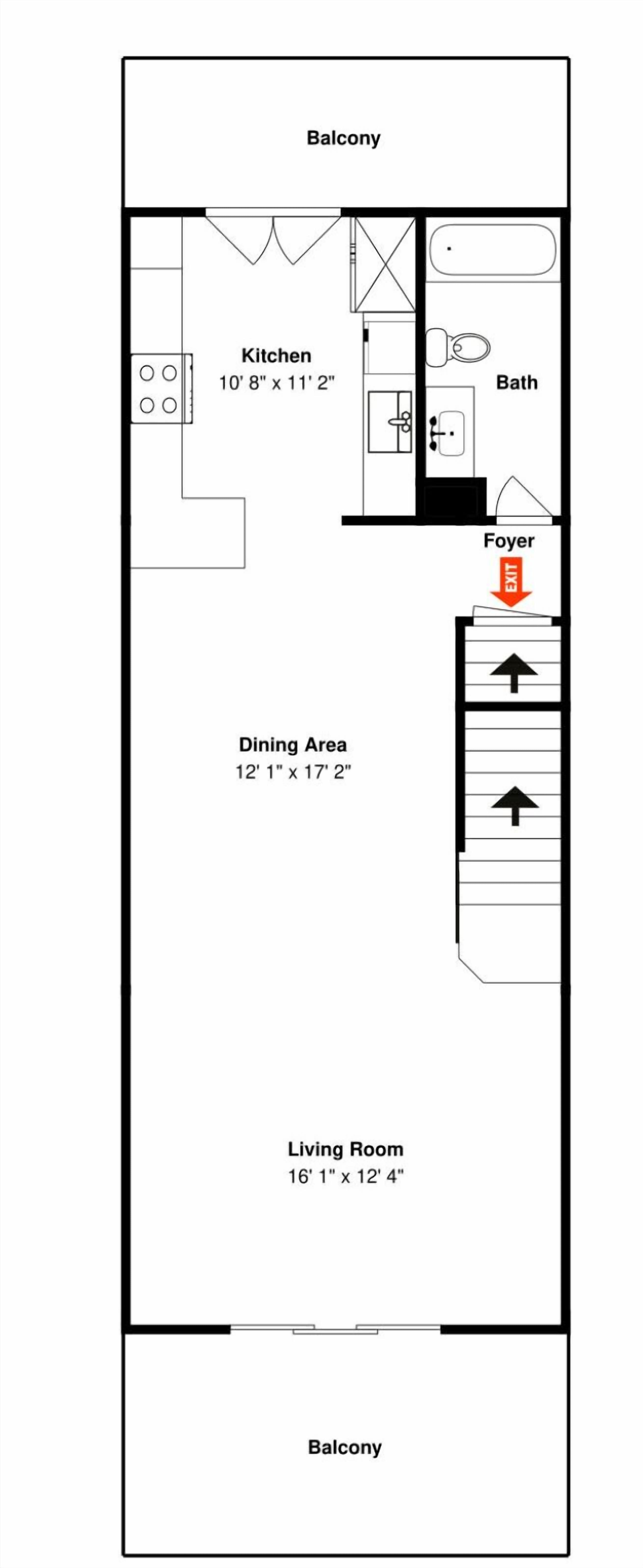 A floor plan of a hotel room with a balcony, kitchen, dining area, and living room.