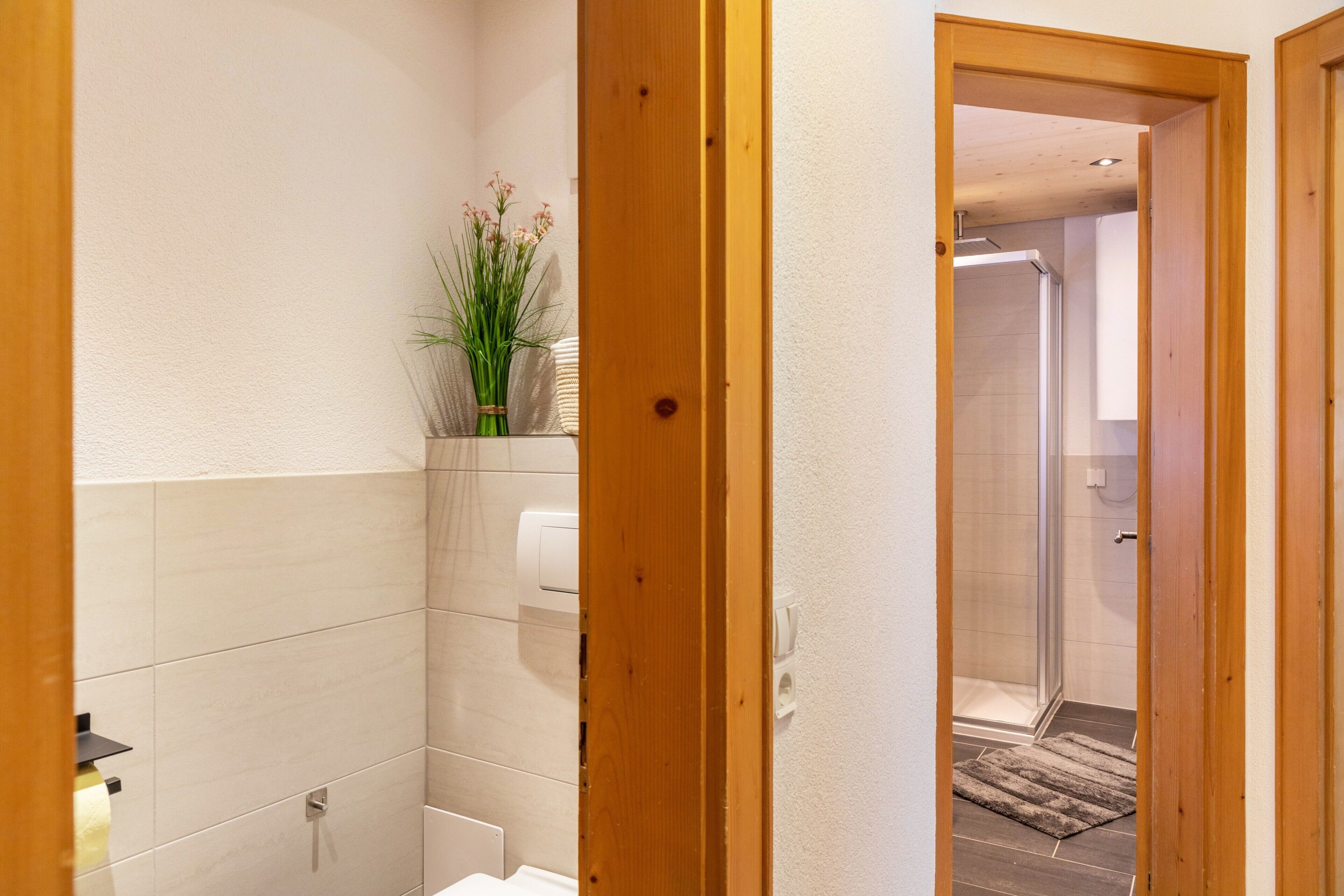 A modern bathroom with a shower, toilet, and a small plant on the wall.