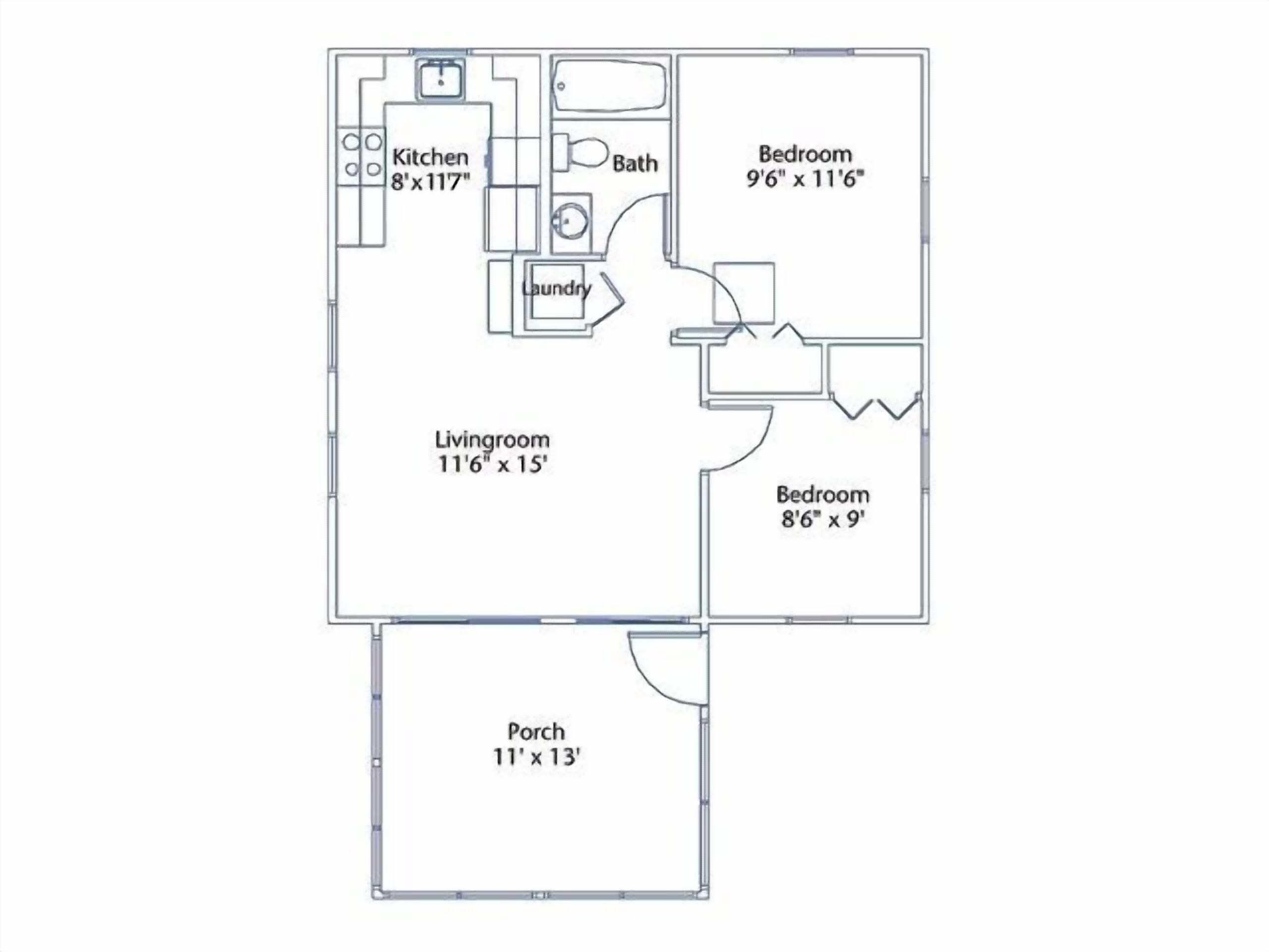 A floor plan with a kitchen, two bedrooms, a livingroom, a bathroom, and a porch.