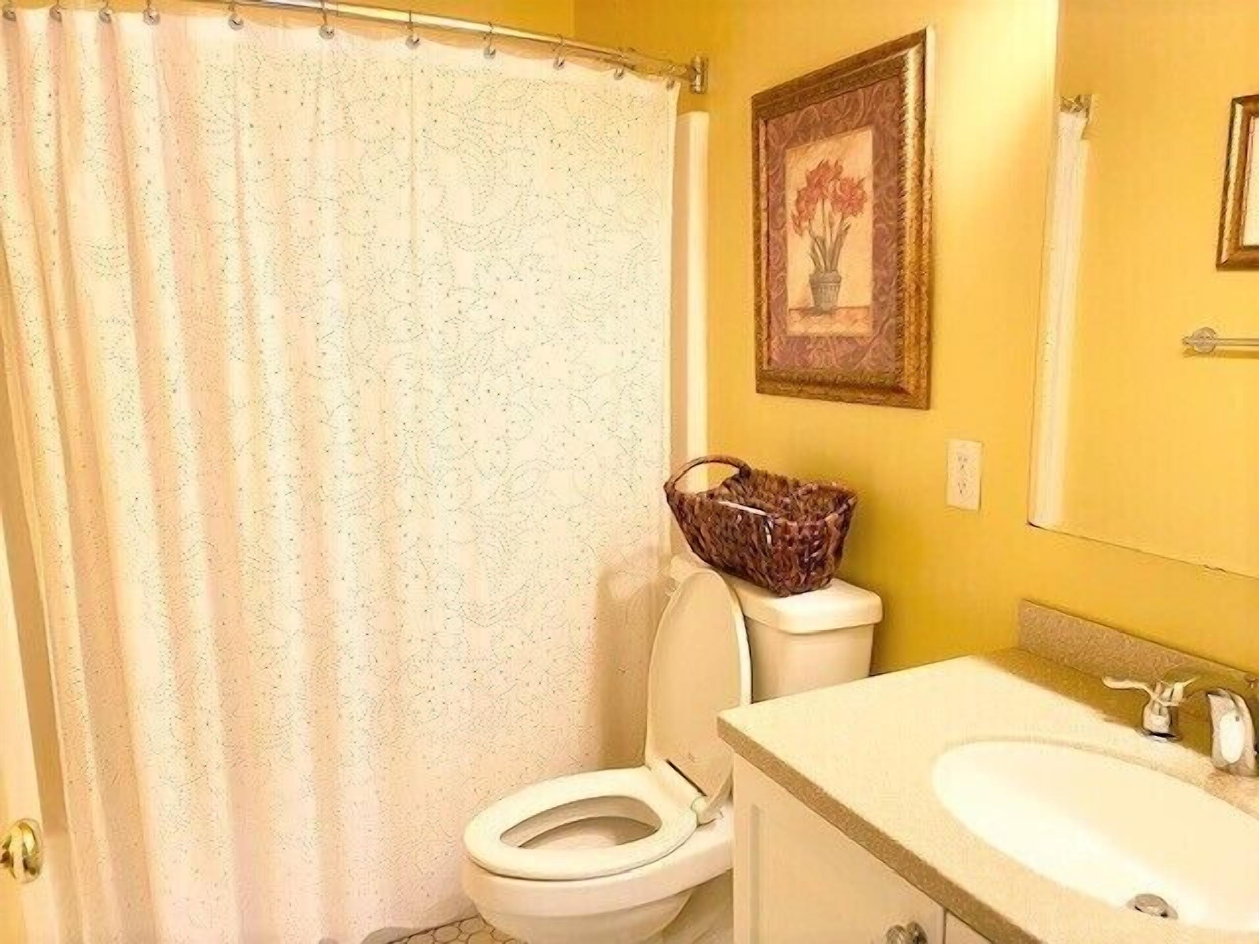 Une salle de bain avec des toilettes, un lavabo et un rideau de douche.