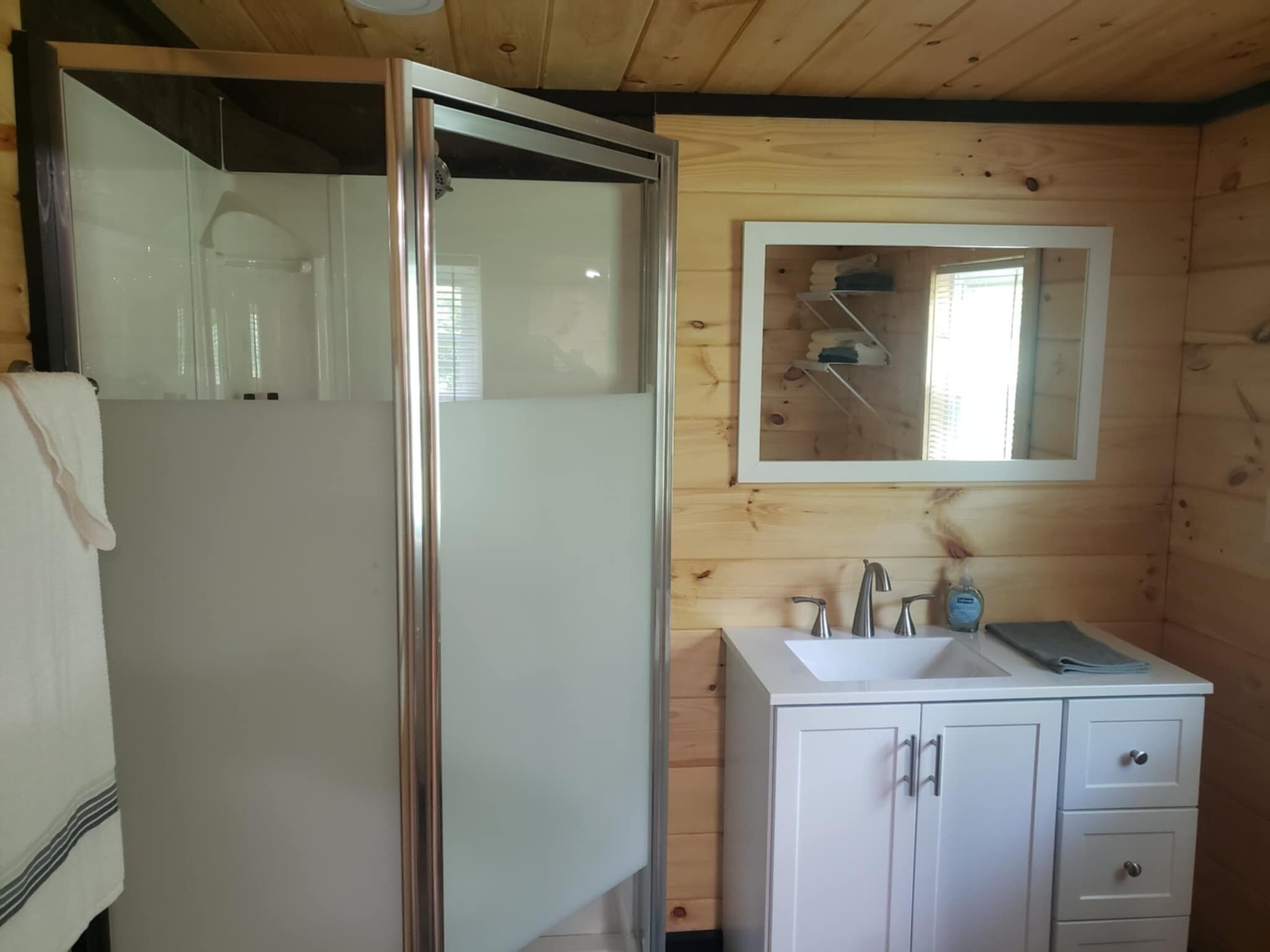 Un bagno in una baita di legno con box doccia in vetro, un lavandino bianco con uno specchio sopra e un piccolo armadietto con cassetti.