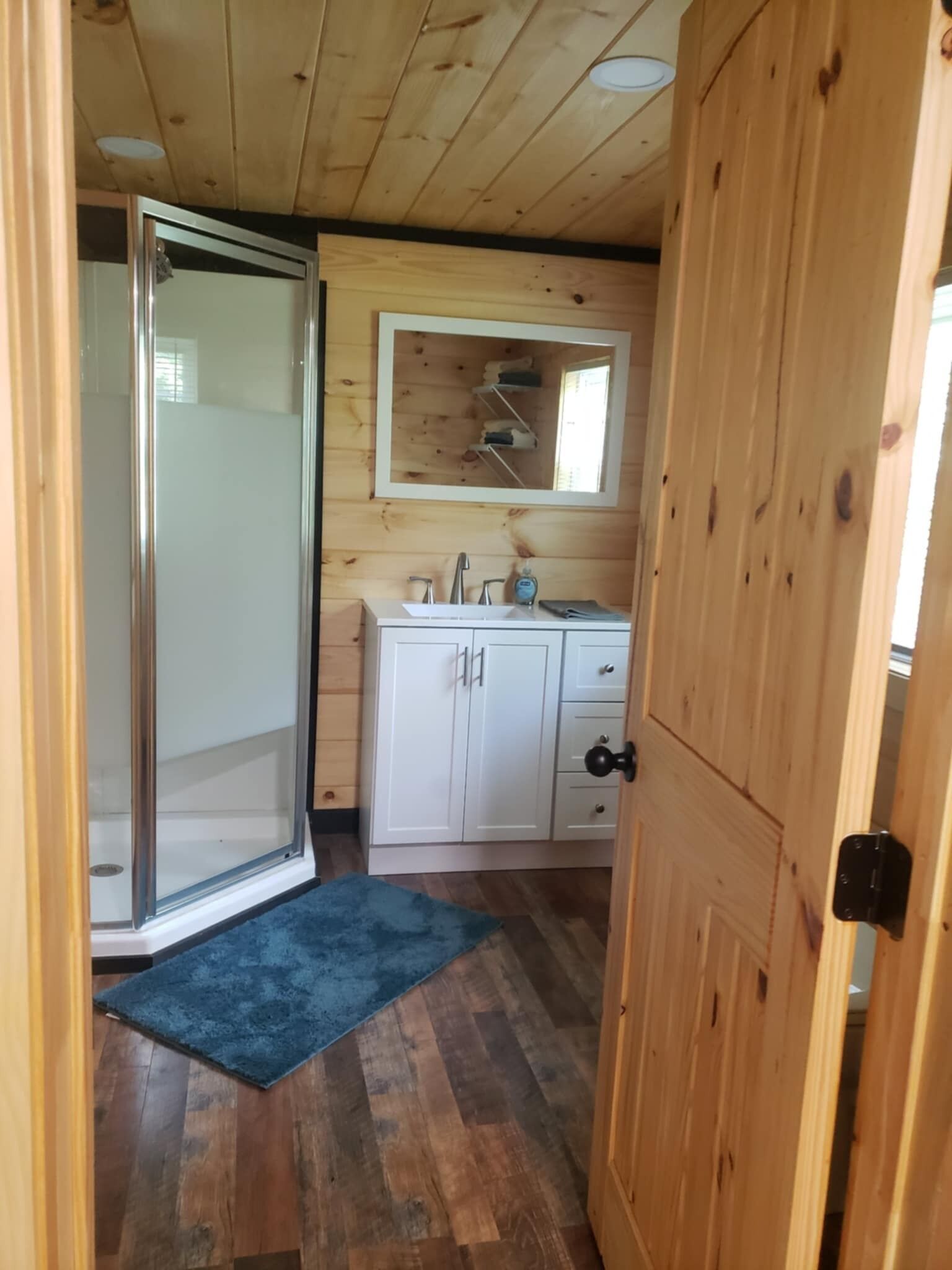 A wooden cabin bathroom with a glass shower door, a sink, cabinets, and a mirror.