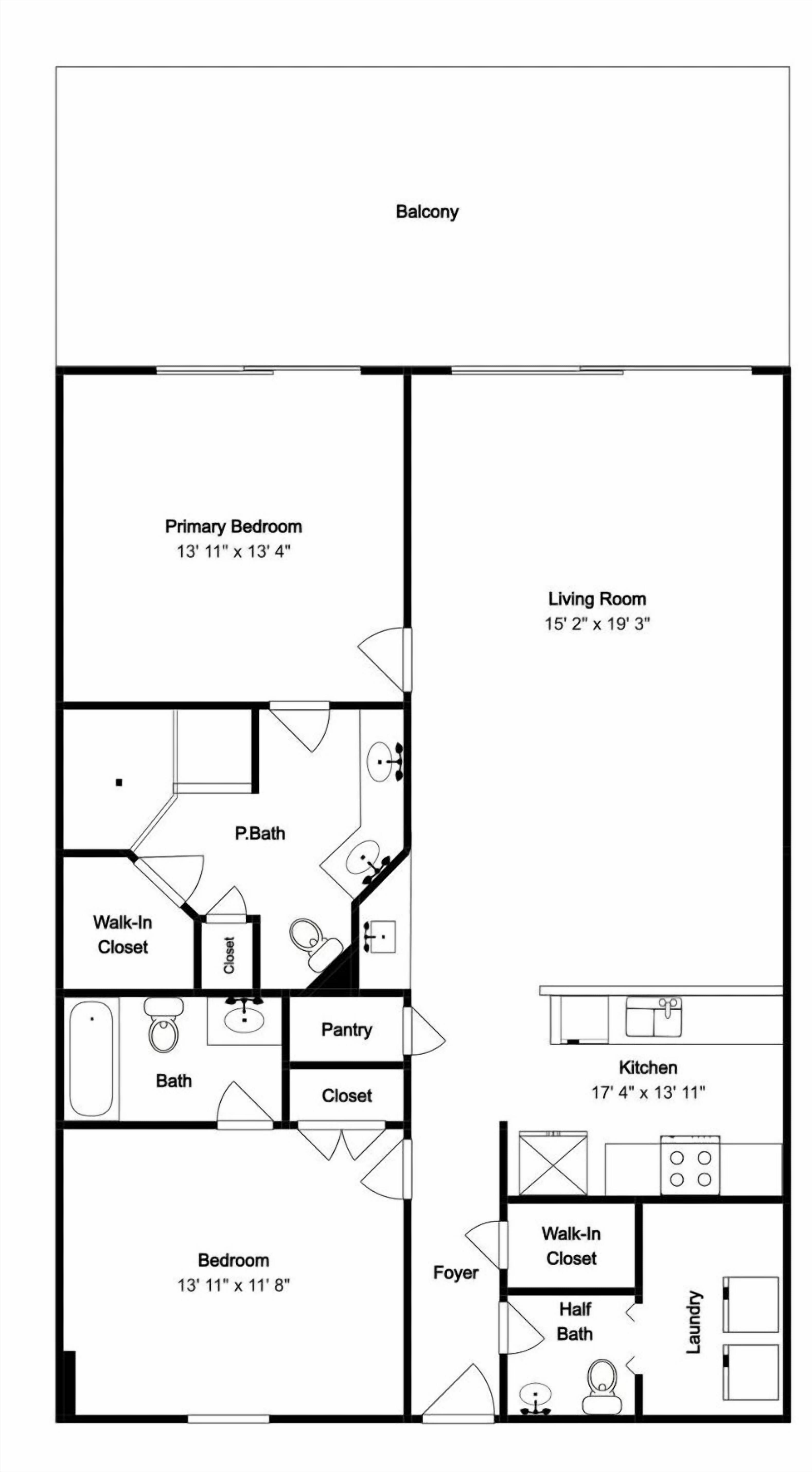 Een plattegrond van een springkasteel met een hoofdslaapkamer, woonkamer, inloopkast, badkamer en keuken.