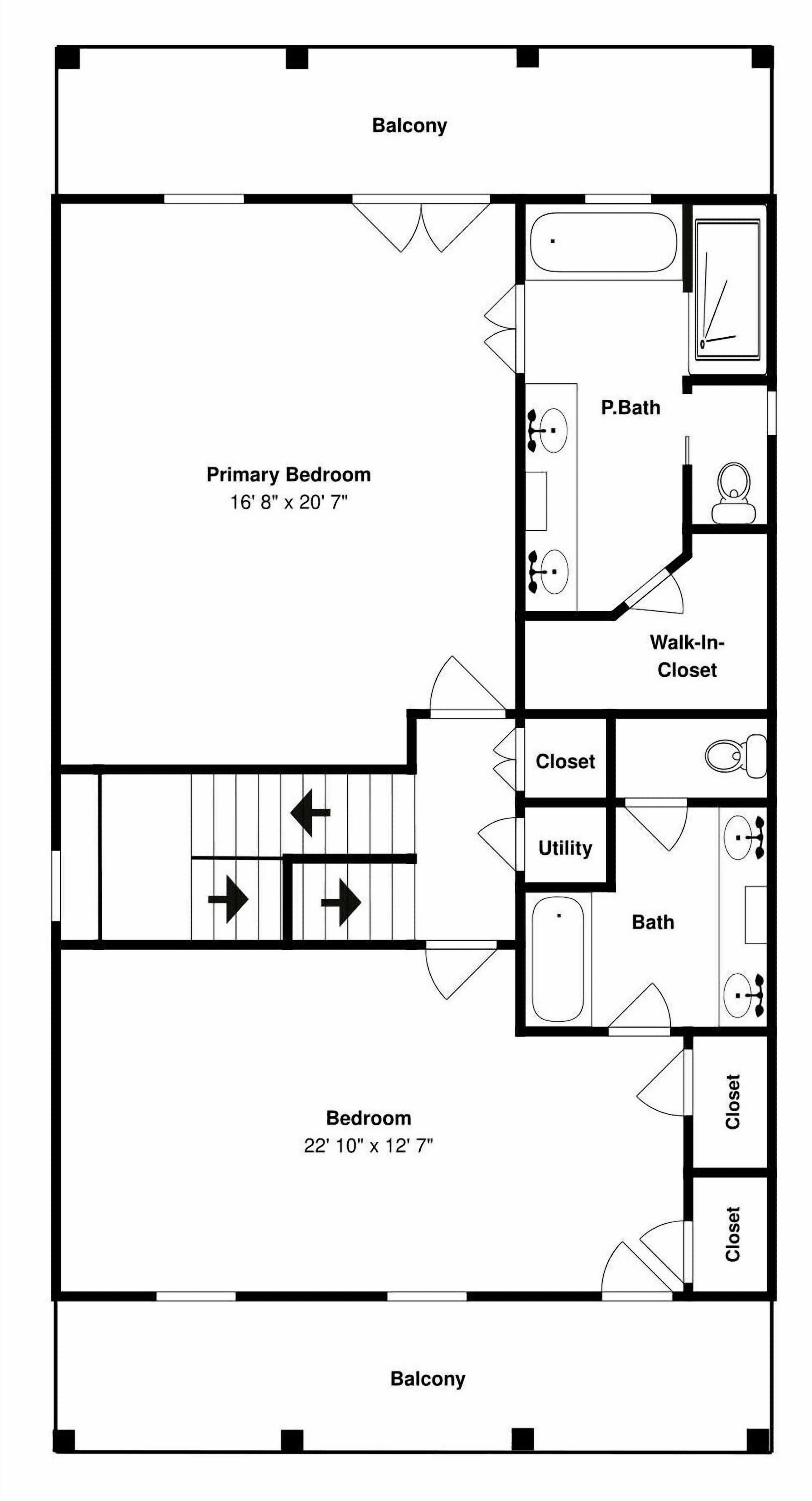 A floor plan of a hotel with a balcony, primary bedroom, secondary bedroom, walk-in closet, utility room, bathroom, and closet.