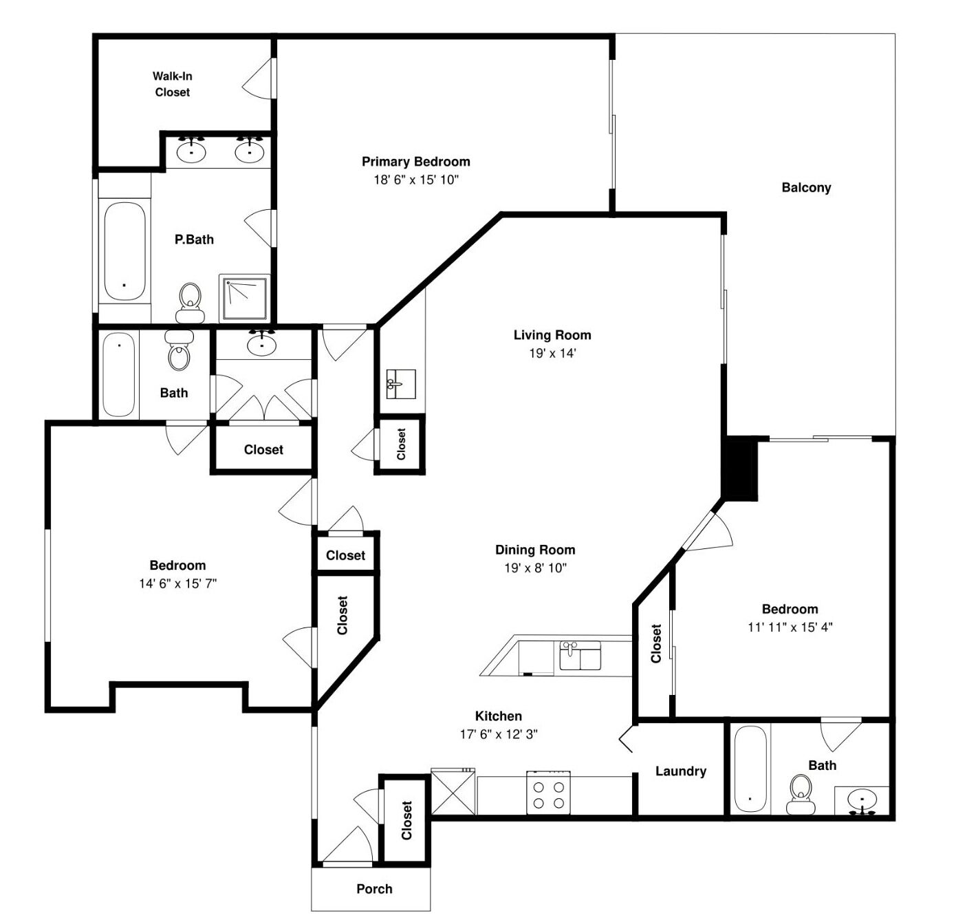 A floor plan of a hotel with a primary bedroom, living room, dining room, kitchen, and multiple bathrooms.