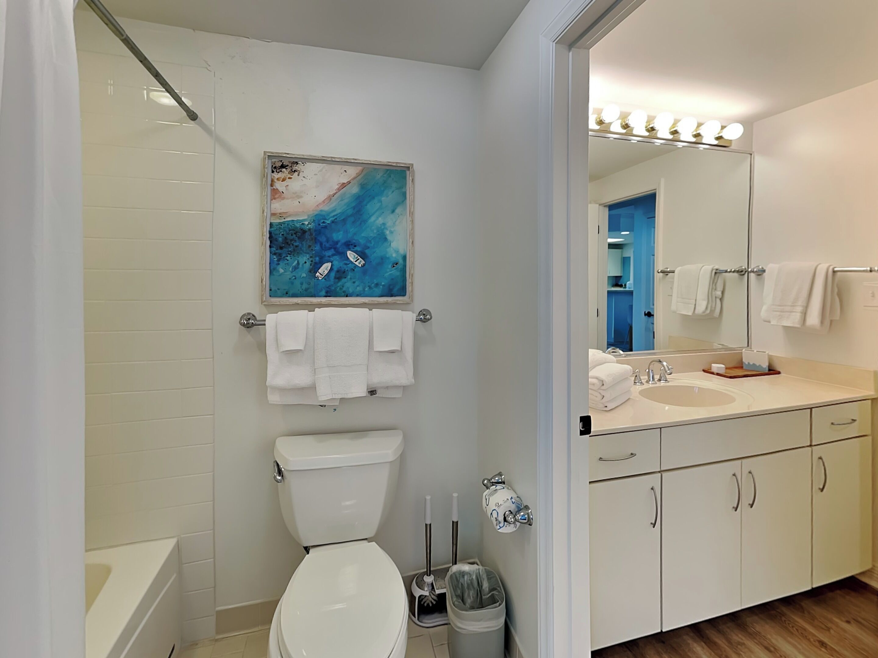 A modern bathroom with a toilet, sink, and shower area. There is a painting above the toilet and a mirror with lights above the sink.