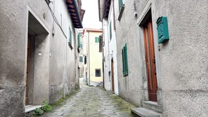 Ein schmaler Kopfsteinpflastergang, gesäumt von Gebäuden mit Steinmauern und grünen Fensterläden.