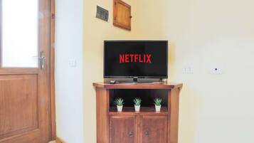 Un meuble en bois surmonté d’un téléviseur à écran plat affichant le mot « NETFLIX » en lettres rouges, avec une petite plante en pot posée sur le dessus, et une porte située à gauche.