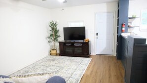 A living room with a flat-screen TV, a dark wooden cabinet, a potted plant, a patterned rug, and a ceiling fan.