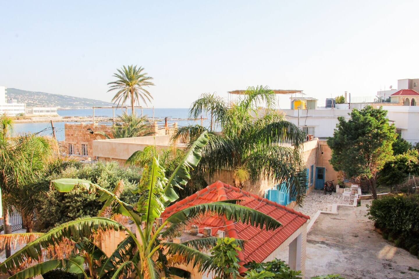 A residential area with a red-roofed building, palm trees, and a view of the sea.