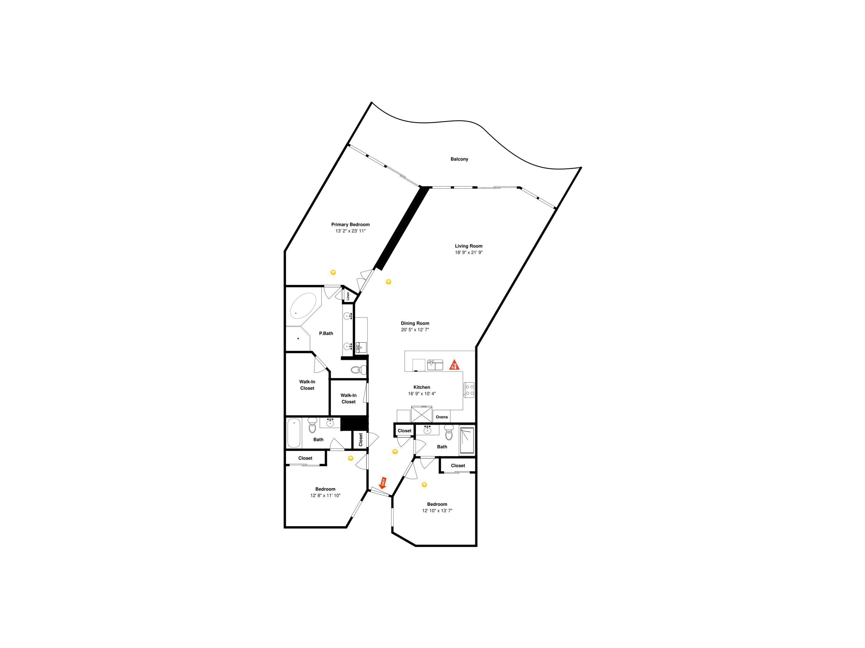 A floor plan of a hotel with a primary bedroom, living room, dining room, kitchen, and two bedrooms.