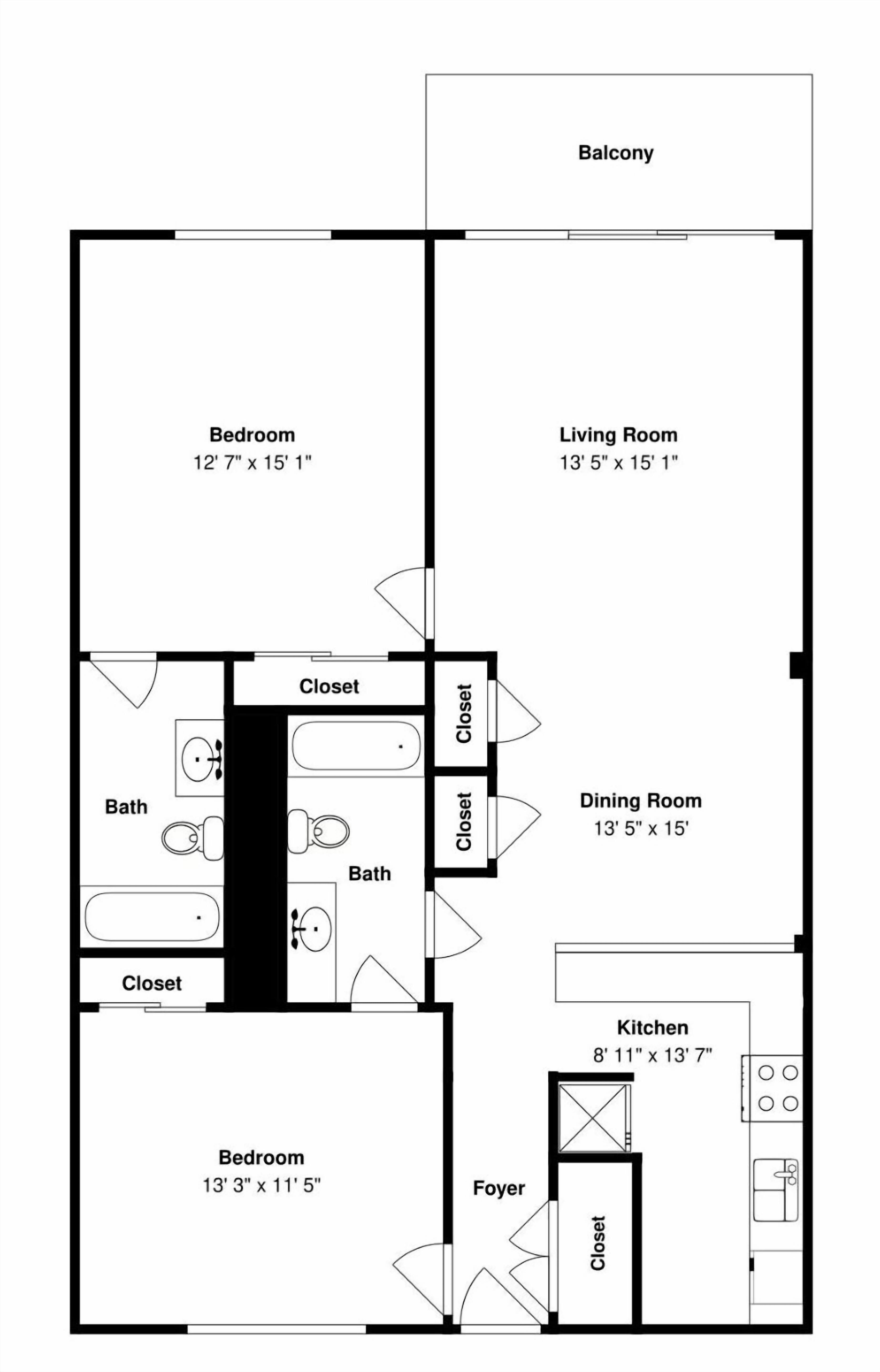 A floor plan of a house with two bedrooms, a living room, a dining room, a kitchen, a bathroom, and a foyer.