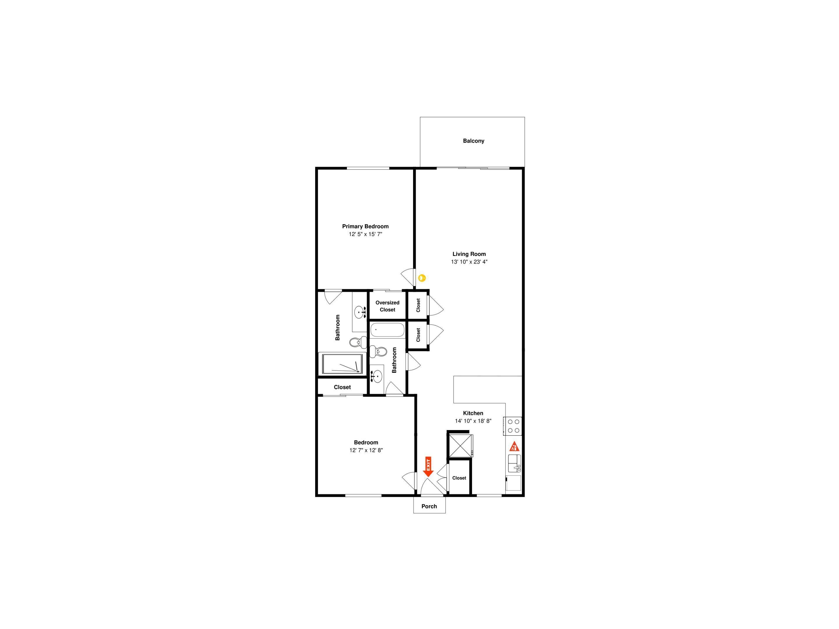 Plano de planta de una habitación de hotel con balcón, dormitorio principal, sala de estar, baño, cocina, dormitorio, armario y porche.