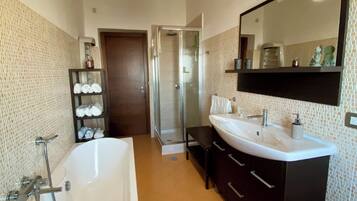 Hair dryer, bidet, towels, soap