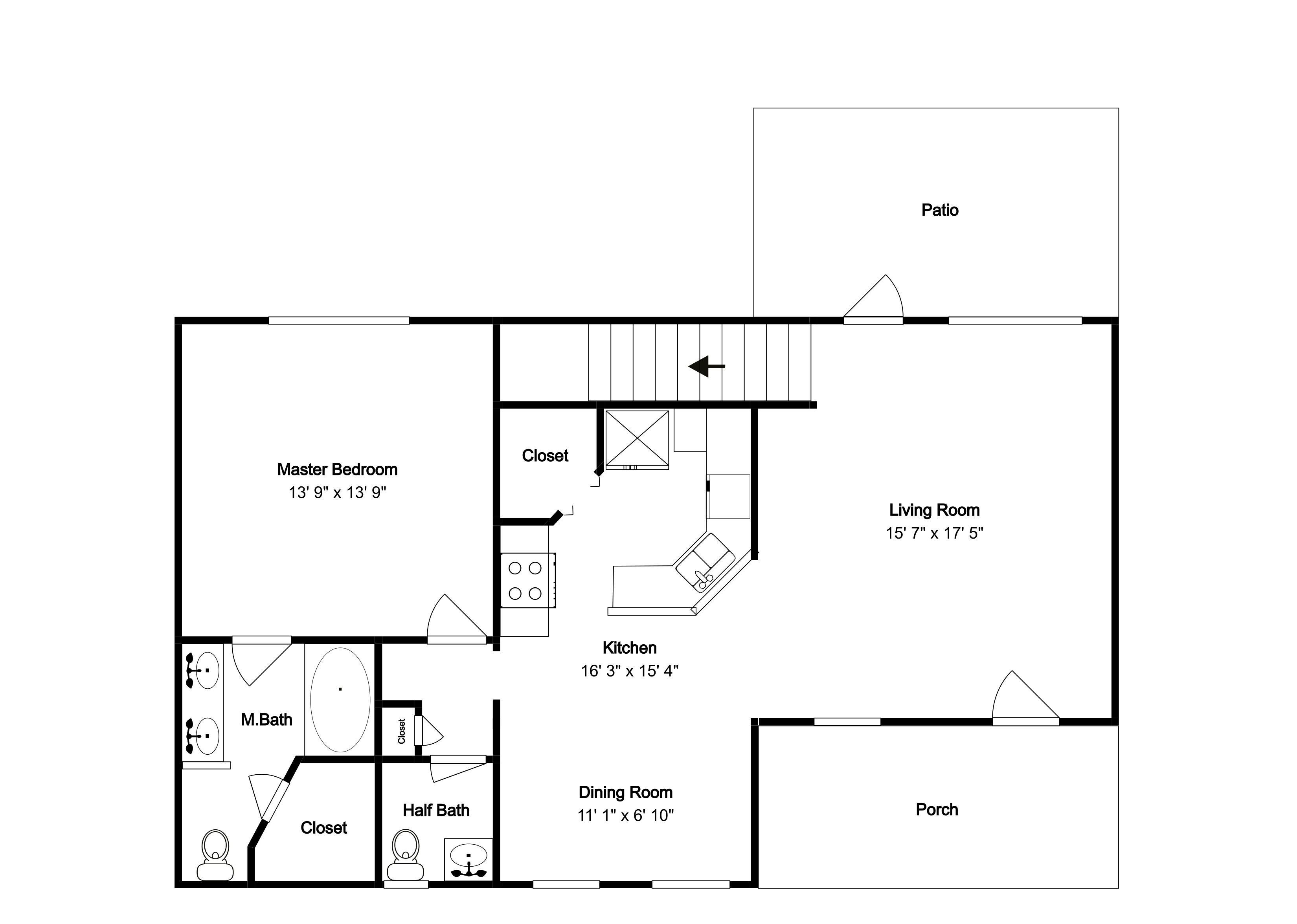 A floor plan of a house with a master bedroom, closet, kitchen, dining room, half bath, living room, and porch.