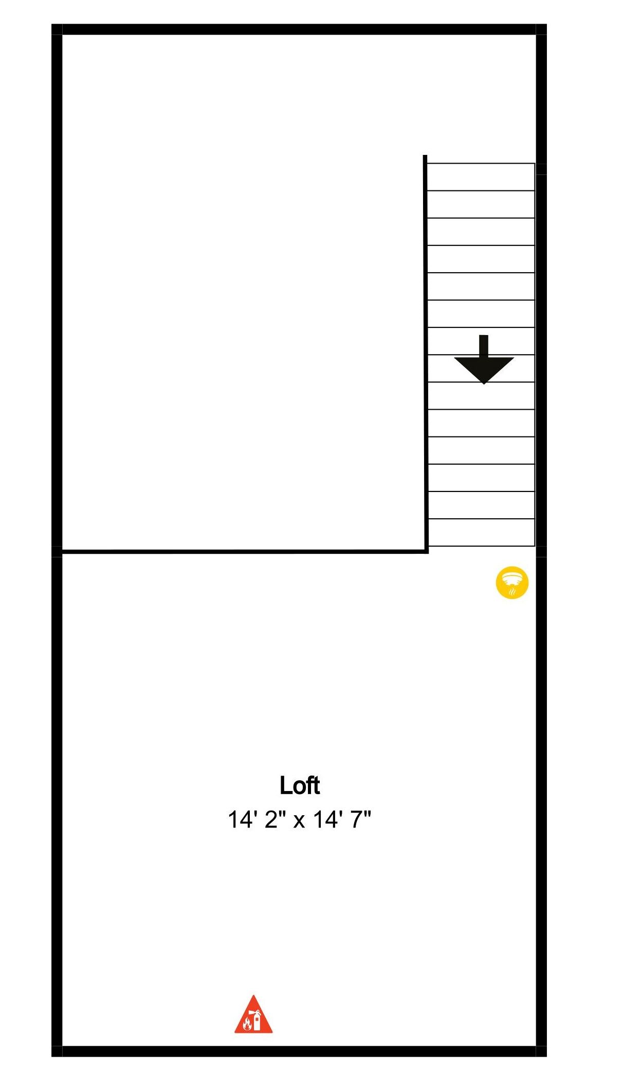 A loft room layout measuring 14' 2" x 14' 7" with a staircase leading to an upper level.