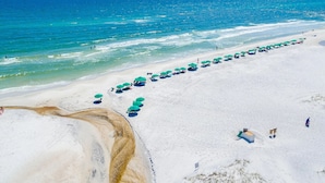 Una playa con hileras de sombrillas verdes y sillas de playa, una orilla arenosa y el océano al fondo.