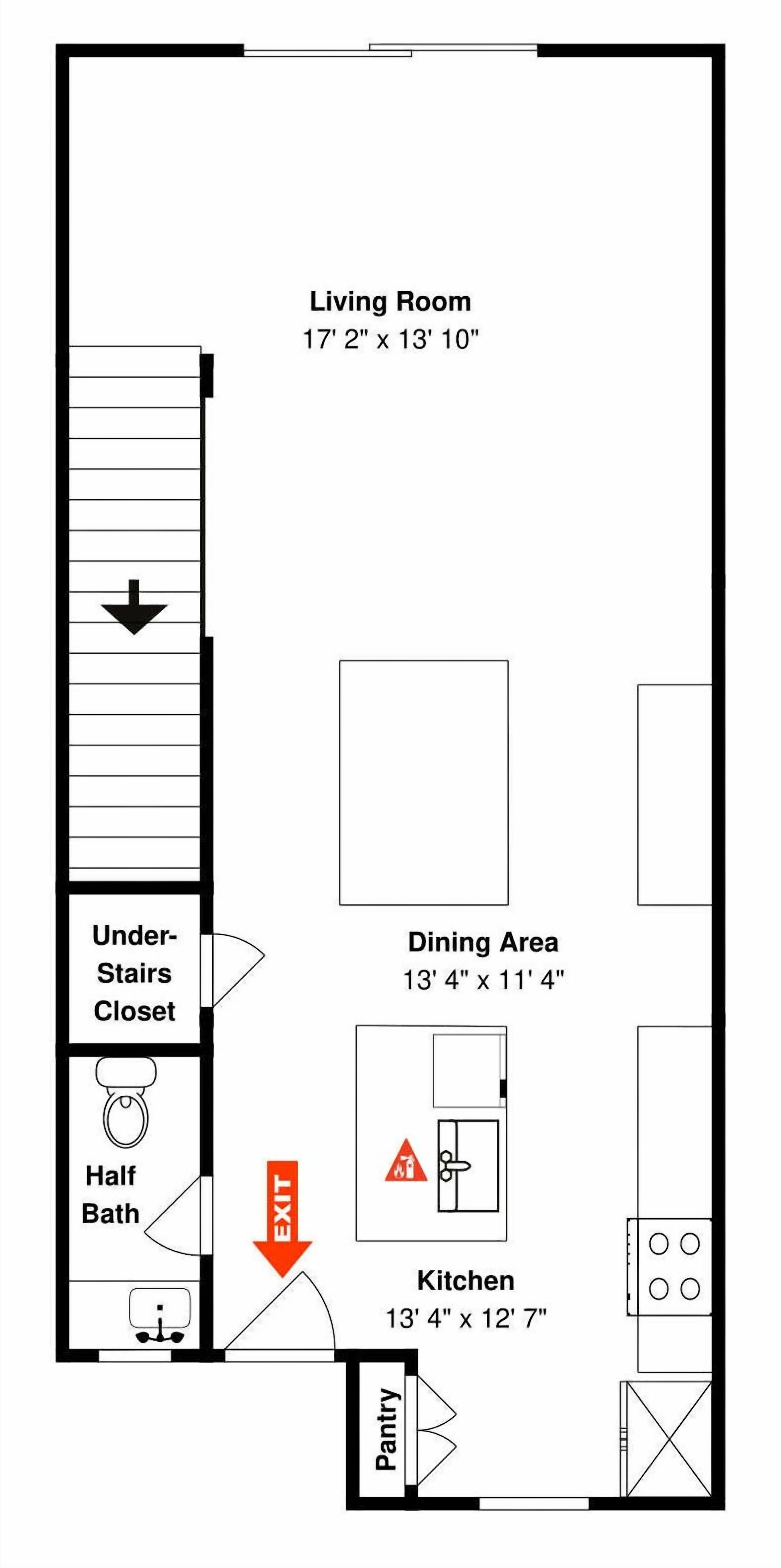 A floor plan of a hotel room with a living room, dining area, kitchen, half bath, under-stairs closet, and pantry.