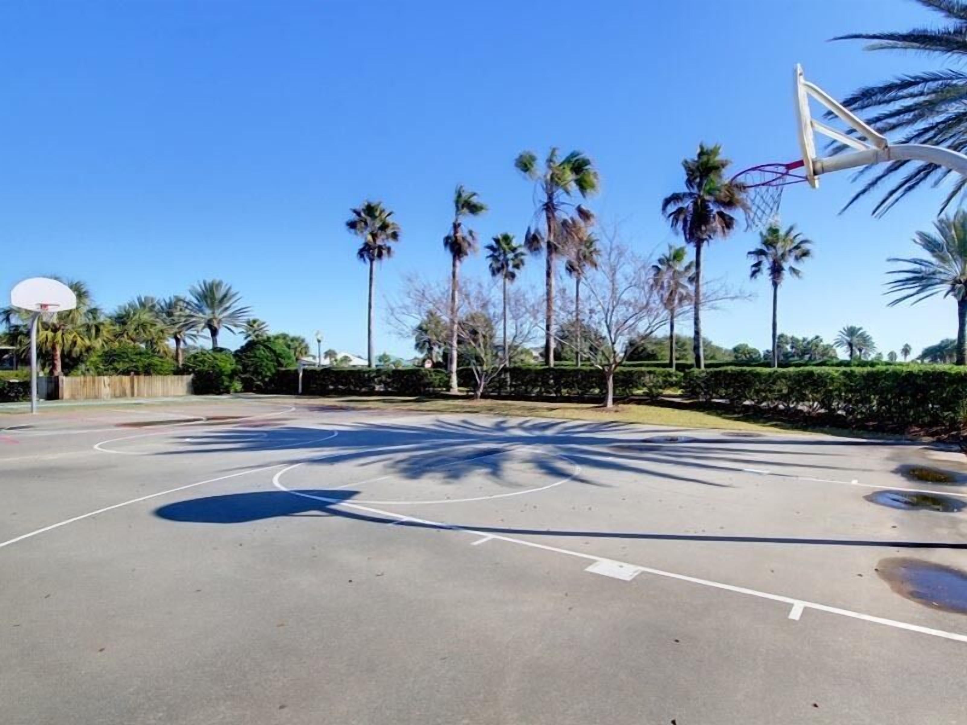 Una cancha da basket all'aperto con canestro, circondata da palme e cielo sereno.