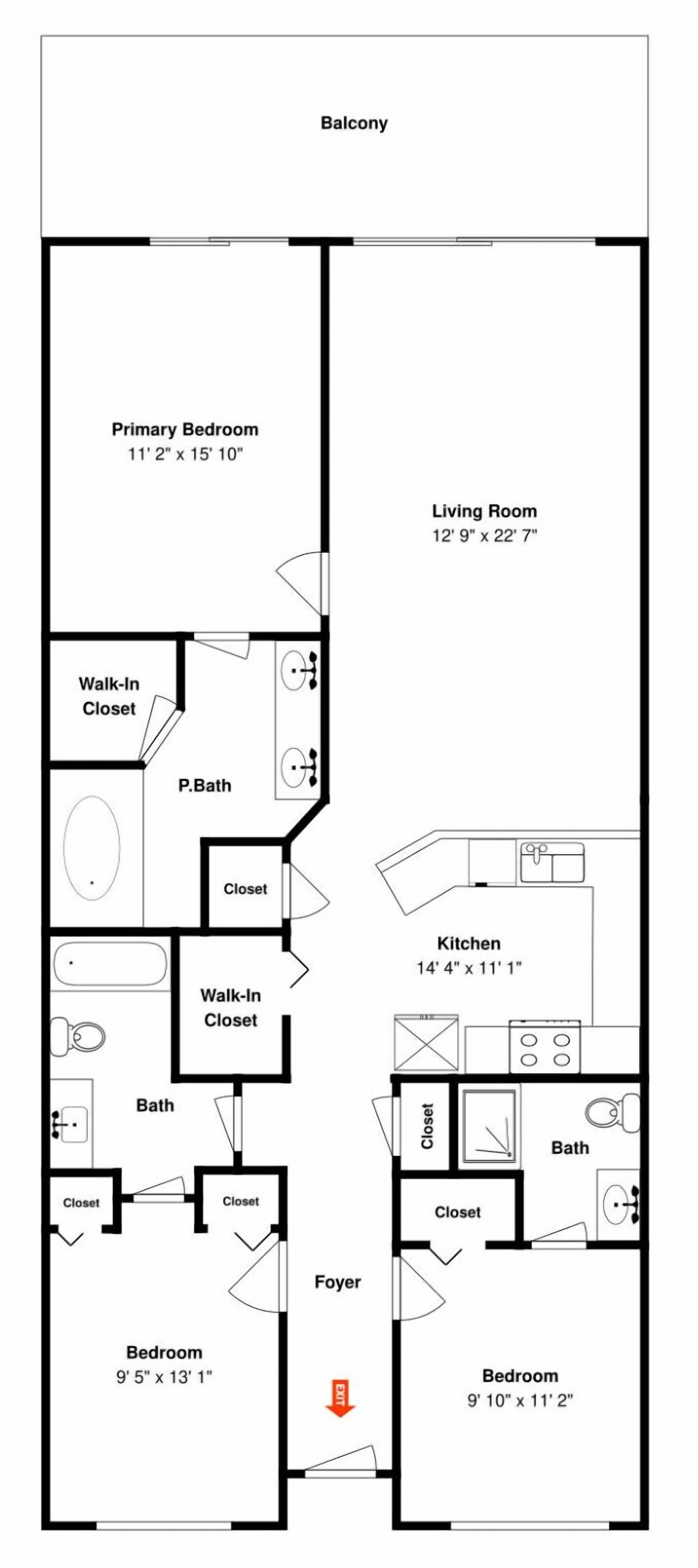 A floor plan of a studio apartment with a primary bedroom, living room, walk-in closet, P.Bath, kitchen, two bedrooms, and a foyer.