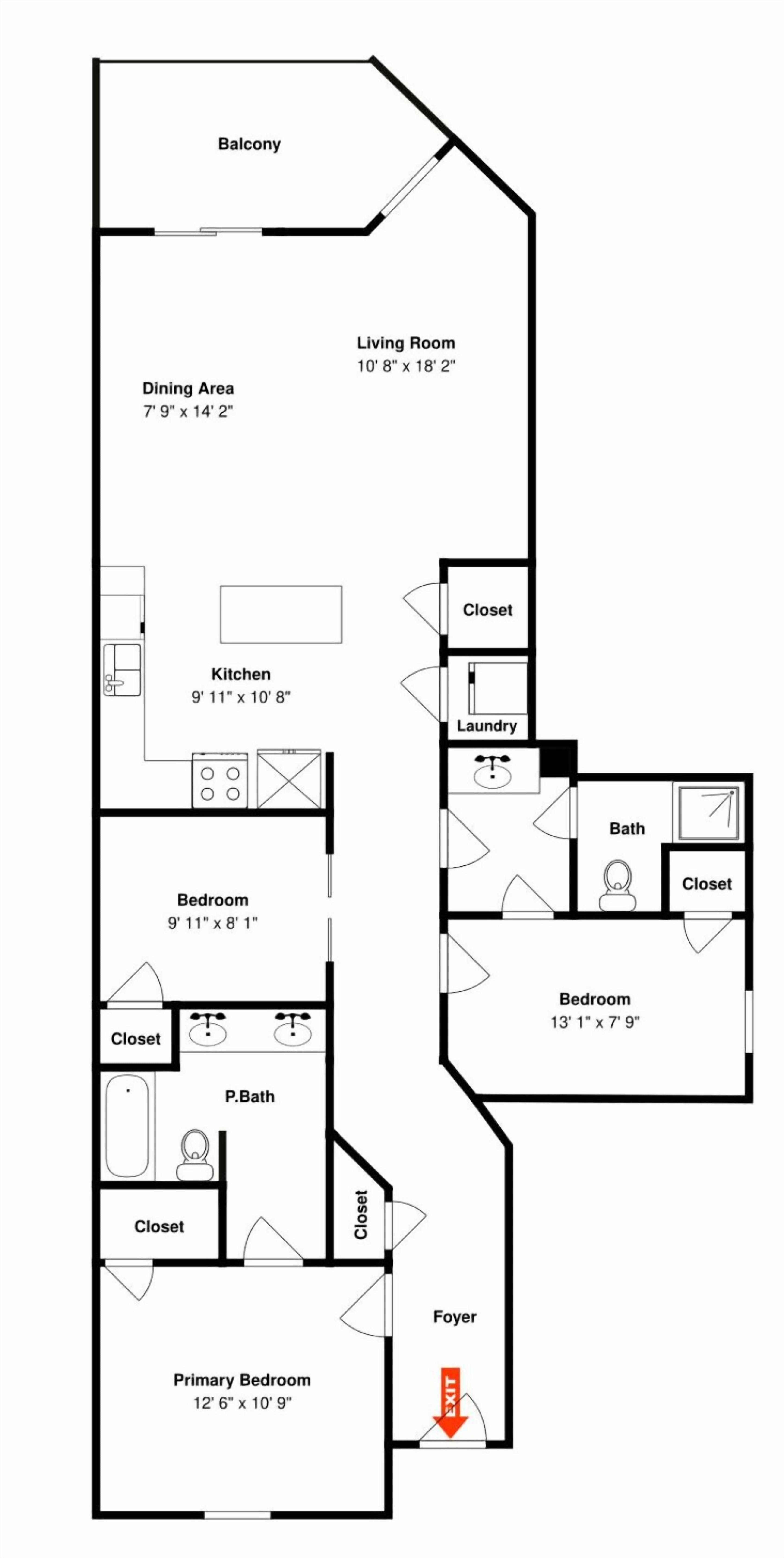 Pianta di un albergo con balcone, soggiorno, sala da pranzo, cucina, due camere da letto, bagno e atrio.