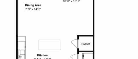A floor plan of a hotel room with a balcony, living room, dining area, kitchen, two bedrooms, a bathroom, and a foyer.