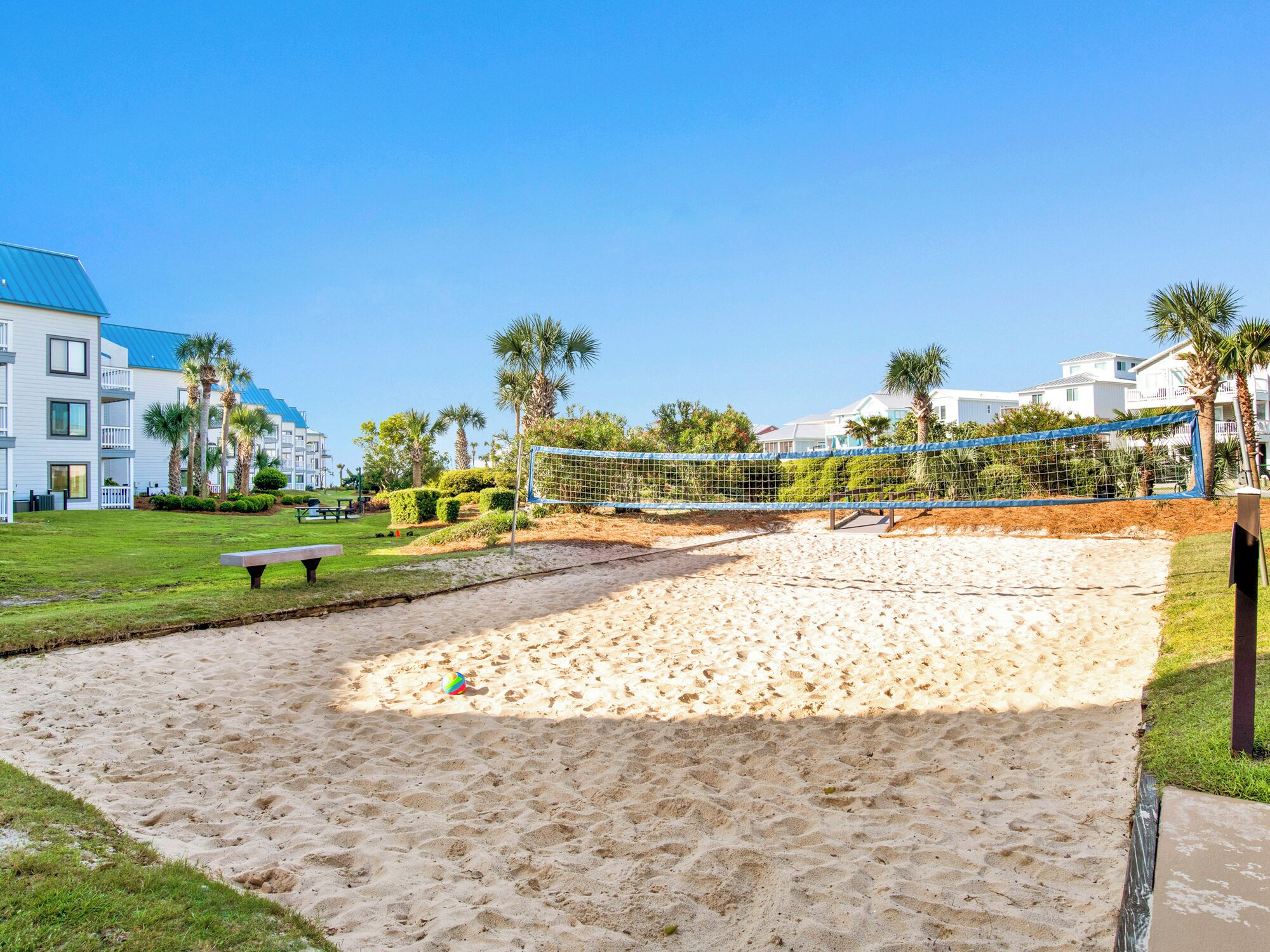 Ein Beachvolleyballfeld mit Netz, umgeben von Sand und Palmen, mit Gebäuden im Hintergrund.