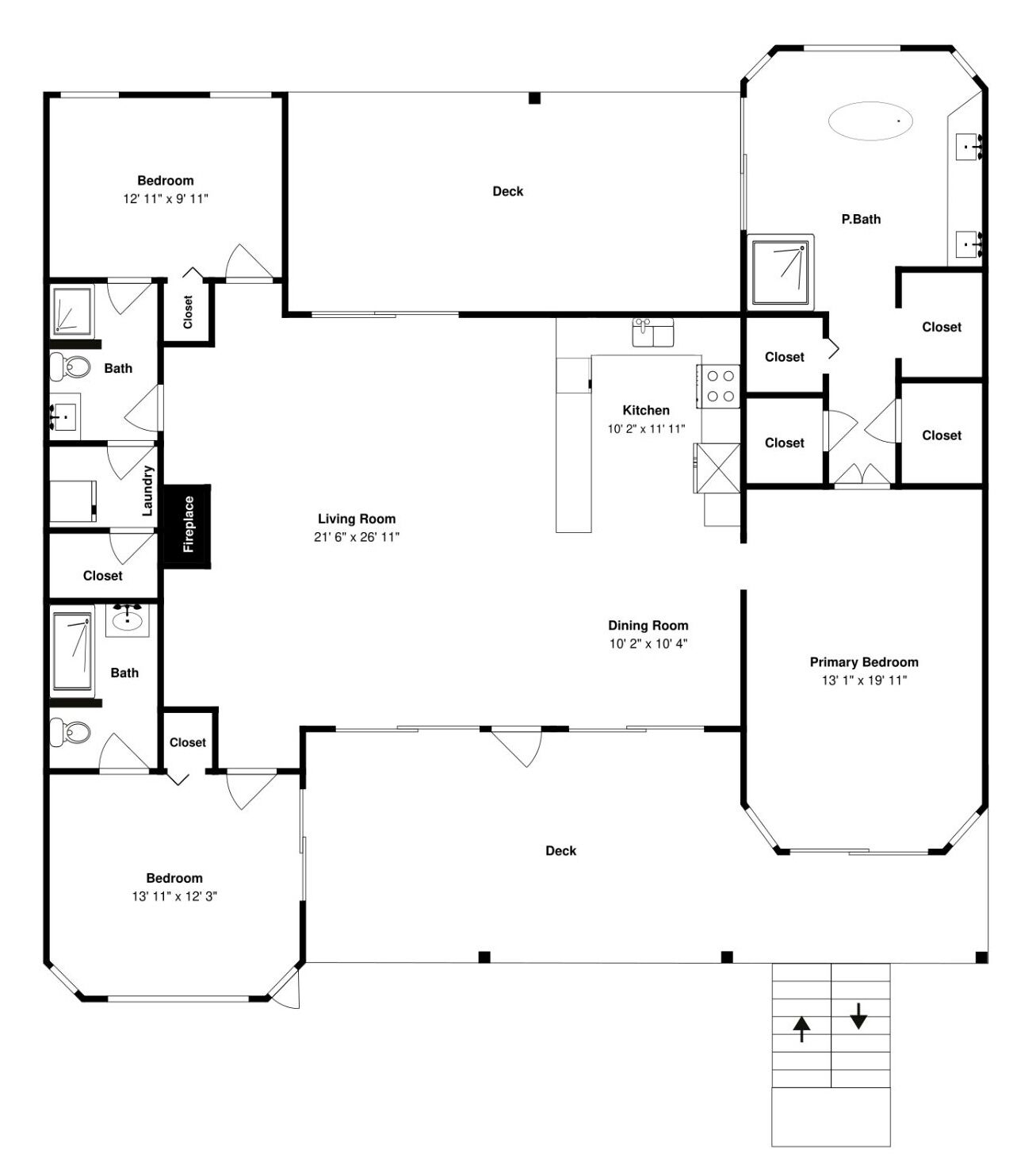 Pianta della casa con soggiorno, sala da pranzo, cucina, due camere da letto, bagno e camino.
