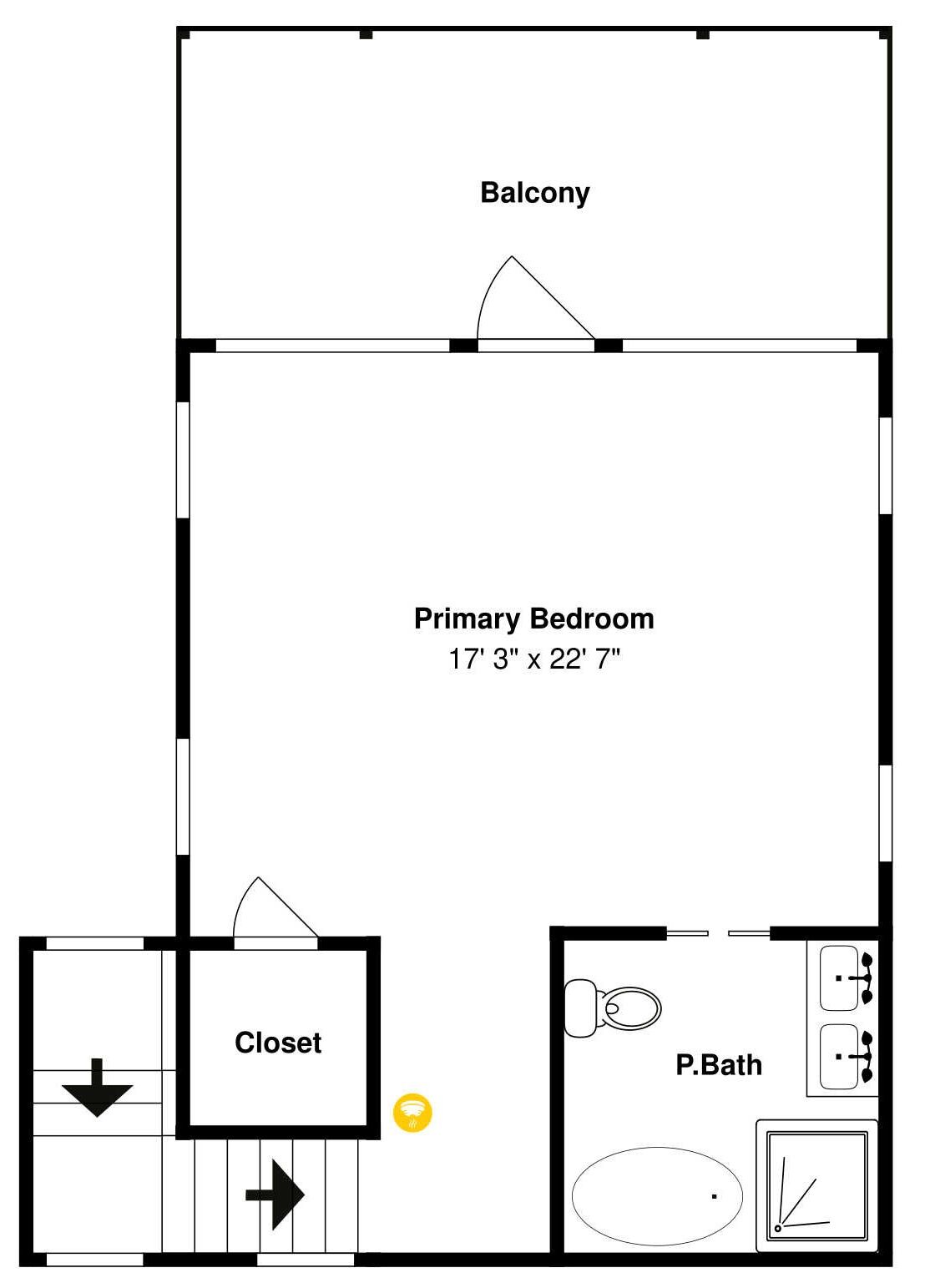 Plano de planta con balcón, dormitorio principal de 5.25 metros por 6.88 metros, armario y baño privado.
