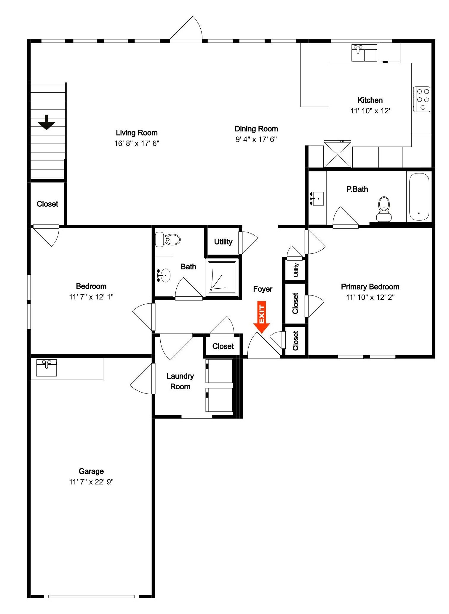 A floor plan of a house with a living room, dining room, kitchen, bathroom, primary bedroom, secondary bedroom, utility room, laundry room, closet, and garage.