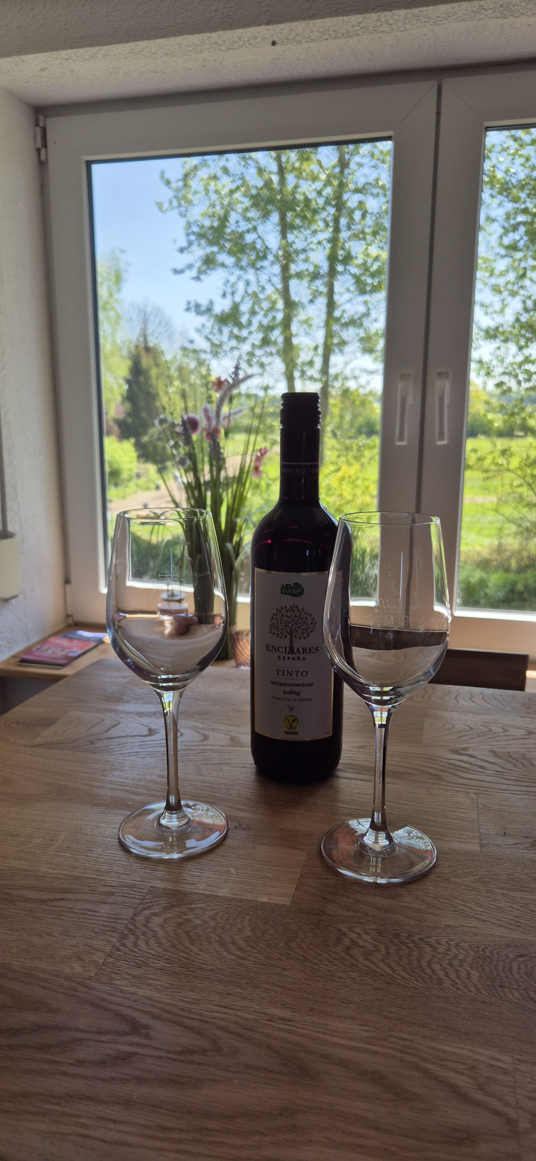 Uma garrafa de vinho e dois copos sobre uma mesa de madeira perto de uma janela, com vista para árvores e flores.