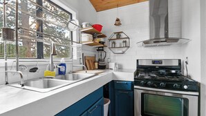 A modern kitchen with a stainless steel sink, a stove, and a window with a view of trees.