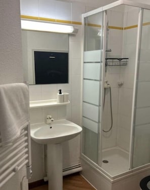 Douche, serviettes fournies, papier toilette