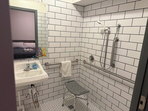 Habitación clásica doble de uso individual, ducha adaptada | Baño | Secador de pelo, toallas y papel higiénico