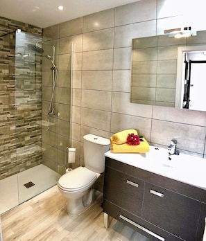 Shower, hair dryer, towels, soap