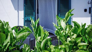 A white building with blue shutters, a door with a curtain, and green plants in the foreground. - Cozy waterfront apartment, 10 min.ValledeiTempli-Casa al Mare Circe (San Leone)